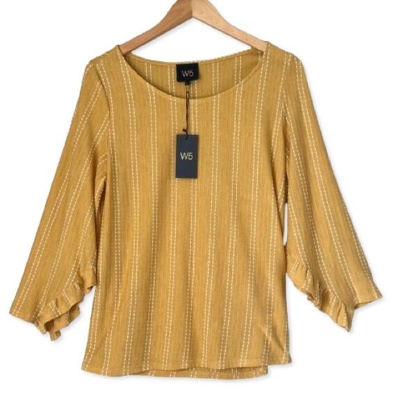 Anthropologie W5 Concepts Swiss Dot Ruffle Bell Sleeve Goldenrod Blouse SZ L - Picture 2 of 15